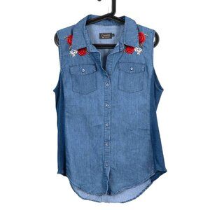 Cavalini Denim Sleeveless Button Up Shirt L 90s Red Roses Stretch Sides Cotton